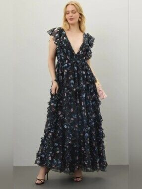 Mac Duggal Gown, Size 16, Romantic Black Floral, Ruffles